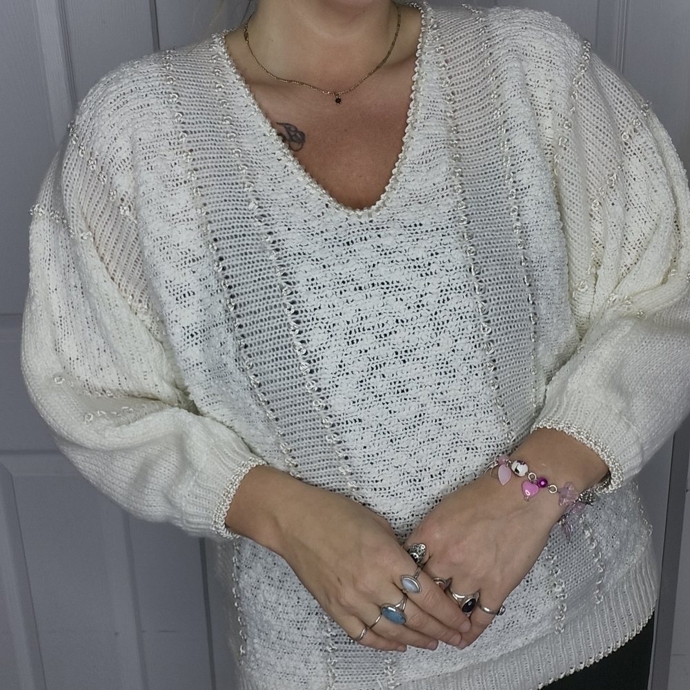 Vintage Knit Set Cream V Neck 3/4 Sleeve with a shiny thred